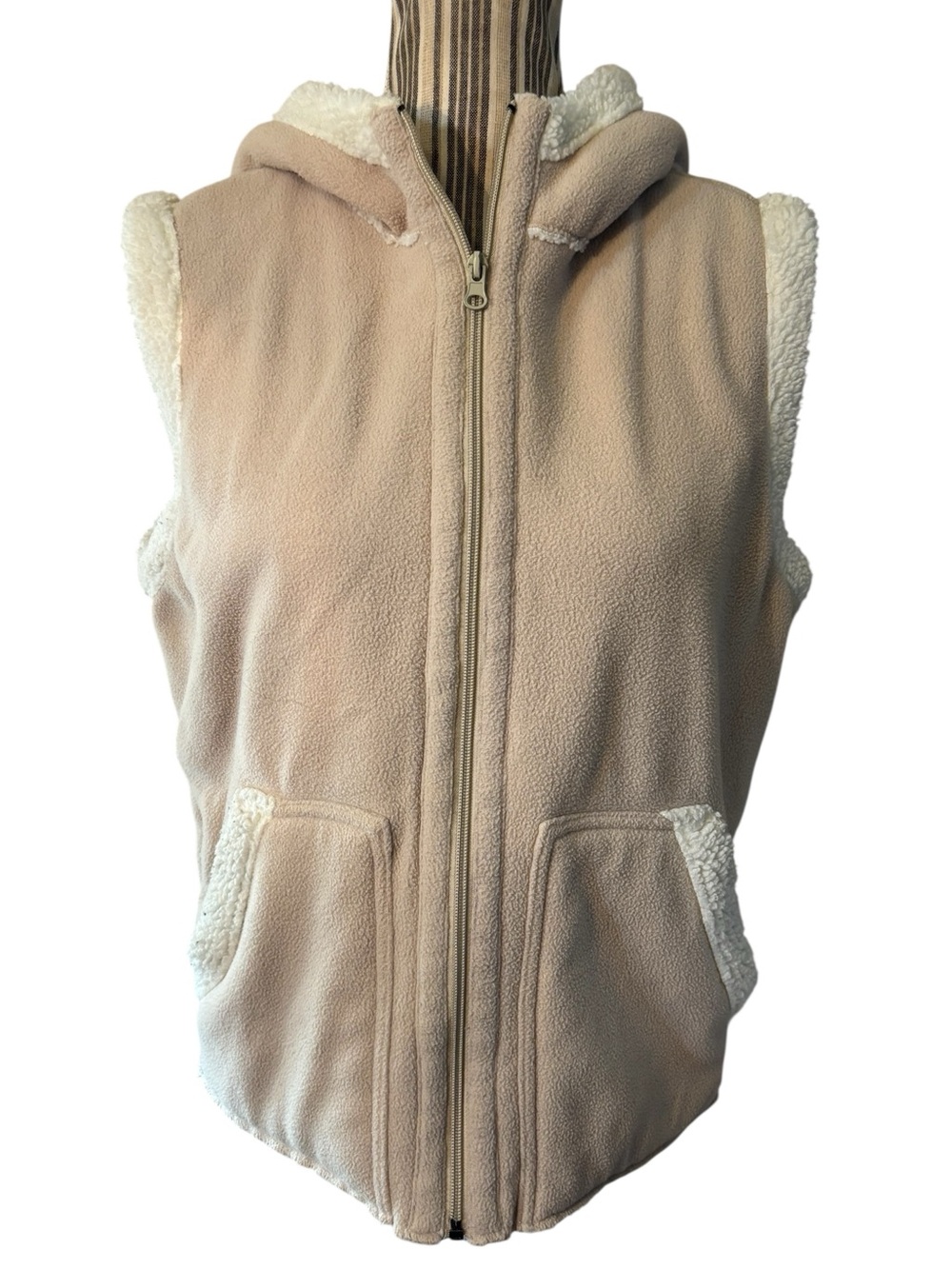Izod Vest Medium Beige Fleece Cream Sherpa-Trim Hooded Zip-Up Ladies Shell Cozy